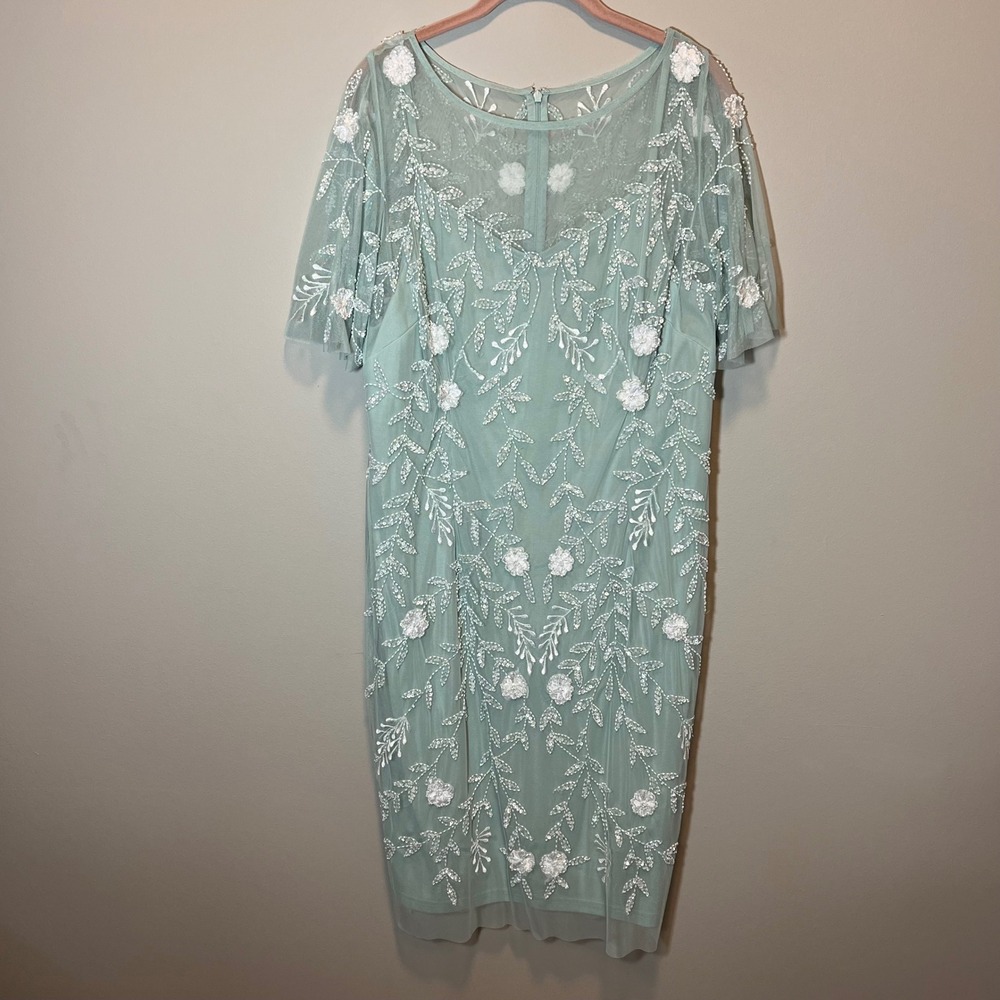 Adrianna Papell Mint Green Aqua Sequin Floral Mesh Cocktail Dress Size 16